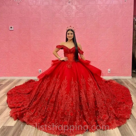 Red Sparkly Sequined Lace Quinceanera Dresses Red Off Shoulder Ruffles cathedral train Crystal prom vestido 15 Dress