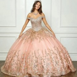 Rose Gold Princess Ball Gown Quinceanera Dress Off The Shoulder Party Sweet 16 Vestidos De 15