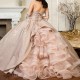 Off Shoulder Rose Gold Shiny Ball Gown Quinceanera Dress 2024 Tulle Appliques Lace Beads Sweet 15 16 Years Birthday Party Dress