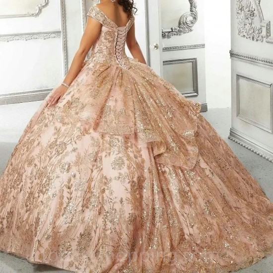 Rose Gold Shiny Ball Gown Quinceanera Dress Beads Off Shoulder Sweet 15 16 Years Vestidos De XV Anos