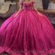 Hot Pink Glitter Ball Gown Quinceanera Dresses Crystal Sequined Beading Tull Corset Vestidos De 15 Años