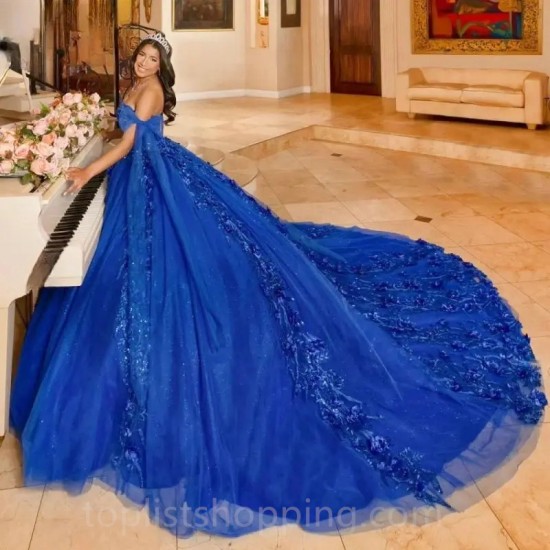 Royal Blue 3D Flowers Bow Quinceanera Dresses Off The Shoulder Appliques Lace Sweet 16 Corset Vestido De 15 Anos