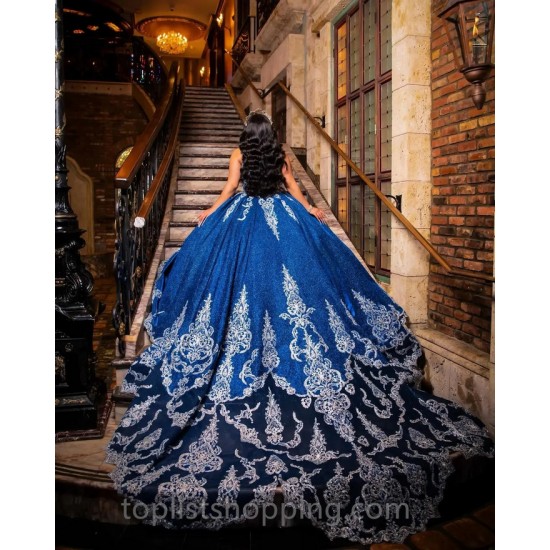 Spaghetti Royal Blue Quinceanera Dress Ball Gown With Cape Applique Beading Crystal Sweet 16 Vestidos De 15 Años