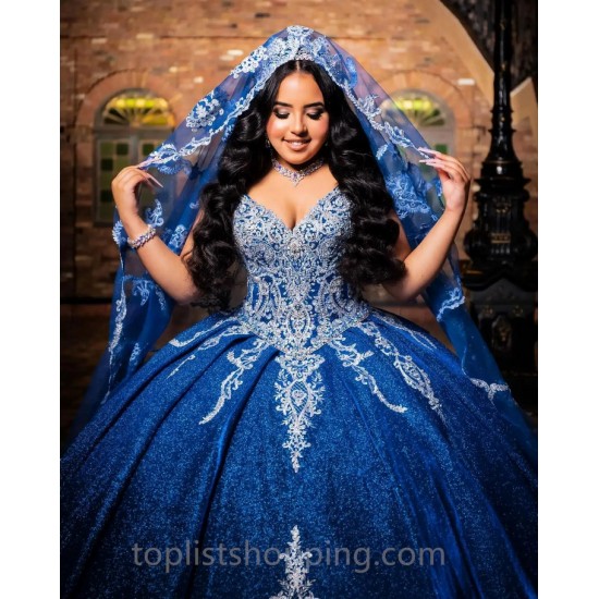 Spaghetti Royal Blue Quinceanera Dress Ball Gown With Cape Applique Beading Crystal Sweet 16 Vestidos De 15 Años