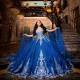 Spaghetti Royal Blue Quinceanera Dress Ball Gown With Cape Applique Beading Crystal Sweet 16 Vestidos De 15 Años