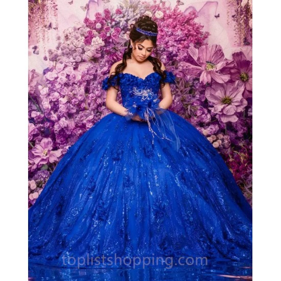 Royal Blue Quinceanera Dresses Ball Gown Floral Applique Crystal With Cape Sweet 16 Dresses Party Gowns