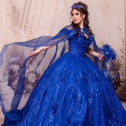 Royal Blue Quinceanera Dresses Ball Gown Floral Applique Crystal With Cape Sweet 16 Dresses Party Gowns