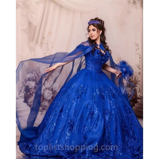 Royal Blue Quinceanera Dresses Ball Gown Floral Applique Crystal With Cape Sweet 16 Dresses Party Gowns