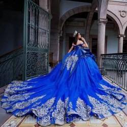 Royal Blue Ruffles Crystal Ball Gown Quinceanera Dresses Off The Shoulder Corset Vestidos De 15 Años