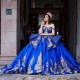 Royal Blue Ruffles Crystal Ball Gown Quinceanera Dresses Off The Shoulder Corset Vestidos De 15 Años