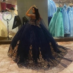 Royal Blue Ruffles Skirt Quinceanera Dresses Off Shoulder Gold Applique Lace Tull With Cape