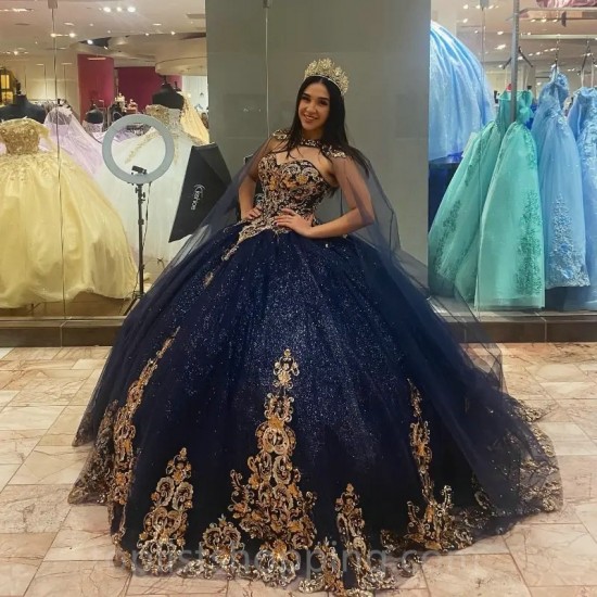 Royal Blue Ruffles Skirt Quinceanera Dresses Off Shoulder Gold Applique Lace Tull With Cape