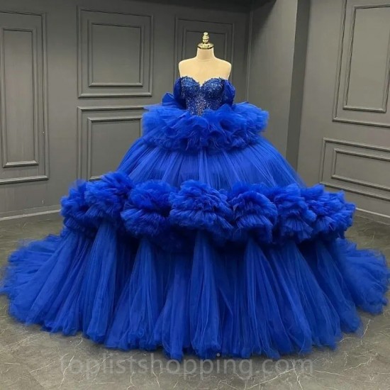 Royal Blue Sweetheart Quinceanera Dresses Off The Shoulder Beads Tull Tiered Sweet 16 Prom Birthday Party Gown