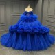 Royal Blue Sweetheart Quinceanera Dresses Off The Shoulder Beads Tull Tiered Sweet 16 Prom Birthday Party Gown