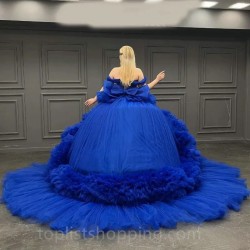 Royal Blue Sweetheart Quinceanera Dresses Off The Shoulder Beads Tull Tiered Sweet 16 Prom Birthday Party Gown