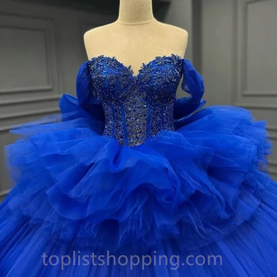 Royal Blue Sweetheart Quinceanera Dresses Off The Shoulder Beads Tull Tiered Sweet 16 Prom Birthday Party Gown