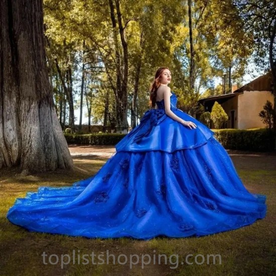 Royal Blue Tiered Quinceanera Dresses Glitter Princess Vestidos De 15 Novia Sweet 16 Birthday Prom Gowns