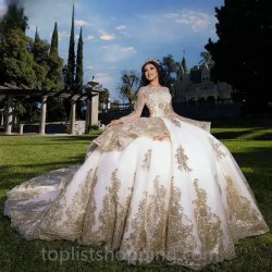 Ruffles Ball Gown Quinceanera Dresses Long Sleeve Sequined Appliques Lace Corset Vestidos De 15 Años