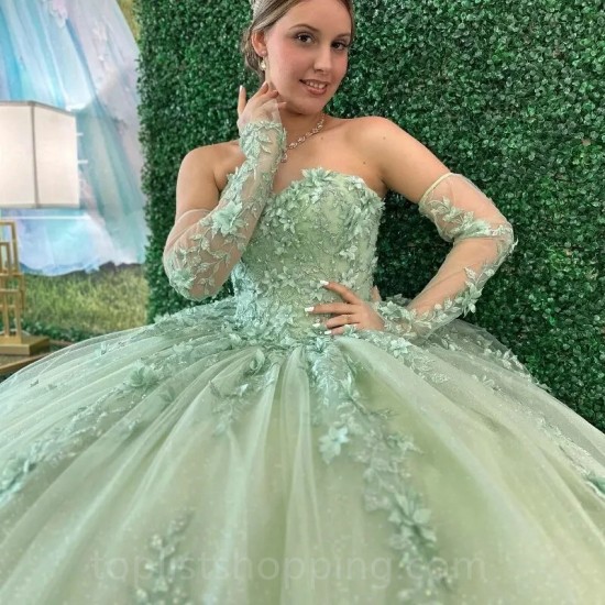 Sage Green 3D Flowers Floral Appliques Lace Off The Shoulder Quinceanera Dresses Corset Vestidos De XV 15 Anos