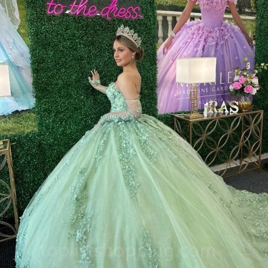 Sage Green 3D Flowers Floral Appliques Lace Off The Shoulder Quinceanera Dresses Corset Vestidos De XV 15 Anos