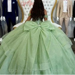 Sage Green Charro Quinceanera Dresses Ball Gown Off The Shoulder Sparkly Mexican Sweet 16 Dresses 15 Anos