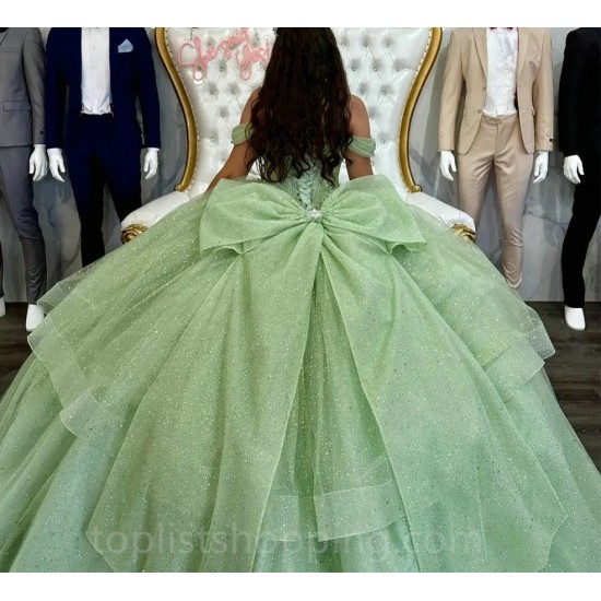 Sage Green Charro Quinceanera Dresses Ball Gown Off The Shoulder Sparkly Mexican Sweet 16 Dresses 15 Anos