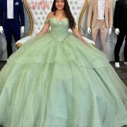 Sage Green Charro Quinceanera Dresses Ball Gown Off The Shoulder Sparkly Mexican Sweet 16 Dresses 15 Anos