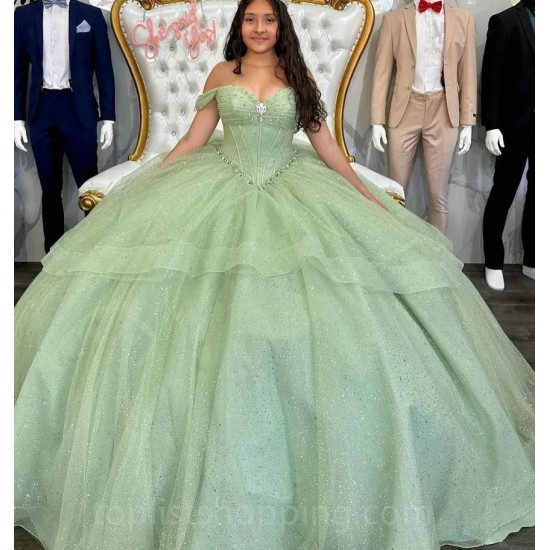 Sage Green Charro Quinceanera Dresses Ball Gown Off The Shoulder Sparkly Mexican Sweet 16 Dresses 15 Anos