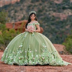 Sage Green Charro Quinceanera Dresses Ball Gown Off The Shoulder Tulle Floral Mexican Sweet 16 Dresses 15 Anos