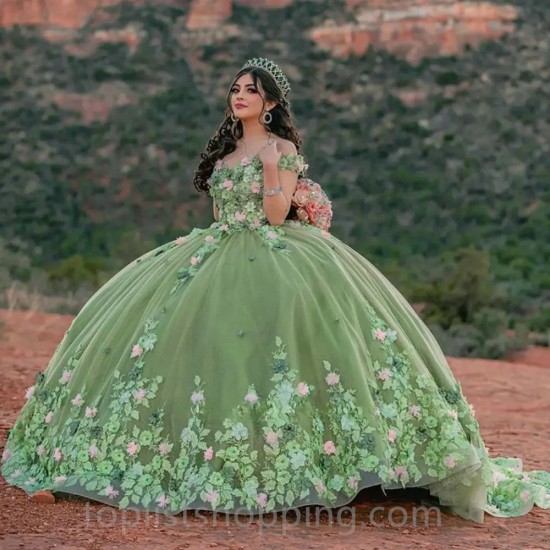 Sage Green Charro Quinceanera Dresses Ball Gown Off The Shoulder Tulle Floral Mexican Sweet 16 Dresses 15 Anos