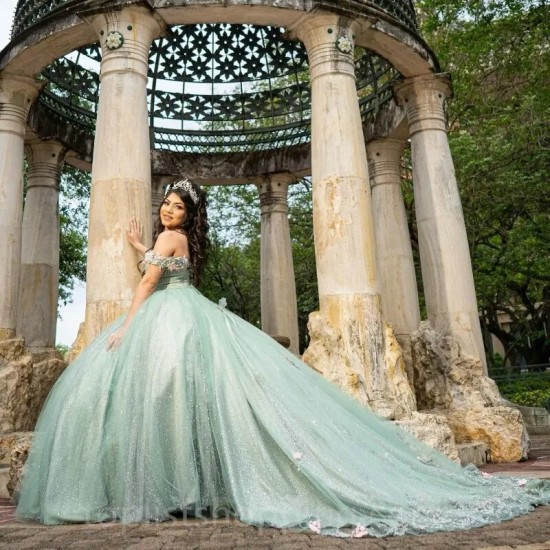 Sage Green Lace Quinceanera Dresses Ball Gown 2024 Sweetheart Beaded Flower Off Shoulder Sweet 16 Dress