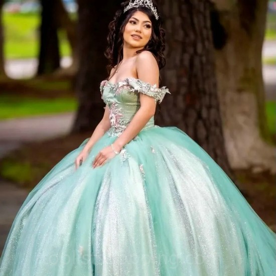 Sage Green Lace Quinceanera Dresses Ball Gown 2024 Sweetheart Beaded Flower Off Shoulder Sweet 16 Dress