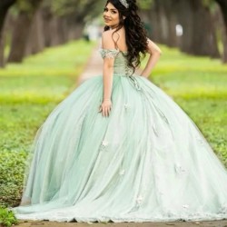 Sage Green Lace Quinceanera Dresses Ball Gown 2024 Sweetheart Beaded Flower Off Shoulder Sweet 16 Dress