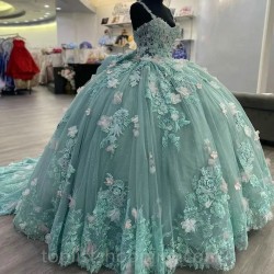 Sage Green Princess Ball Gown Quinceanera Dresses Spaghetti Strap 3DFlowers Appliques Sweet 16 Dress