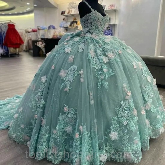 Sage Green Princess Ball Gown Quinceanera Dresses Spaghetti Strap 3DFlowers Appliques Sweet 16 Dress