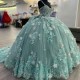 Sage Green Princess Ball Gown Quinceanera Dresses Spaghetti Strap 3DFlowers Appliques Sweet 16 Dress