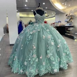 Sage Green Princess Ball Gown Quinceanera Dresses Spaghetti Strap 3DFlowers Appliques Sweet 16 Dress