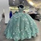 Sage Green Princess Ball Gown Quinceanera Dresses Spaghetti Strap 3DFlowers Appliques Sweet 16 Dress