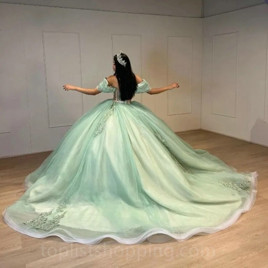 Sage Green Quinceanera Dresses Ball Gown Off Shoulder Puffy Sweet 16 Dress Celebrity Party Gowns Graduation