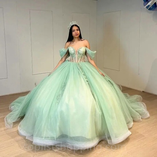 Sage Green Quinceanera Dresses Ball Gown Off Shoulder Puffy Sweet 16 Dress Celebrity Party Gowns Graduation