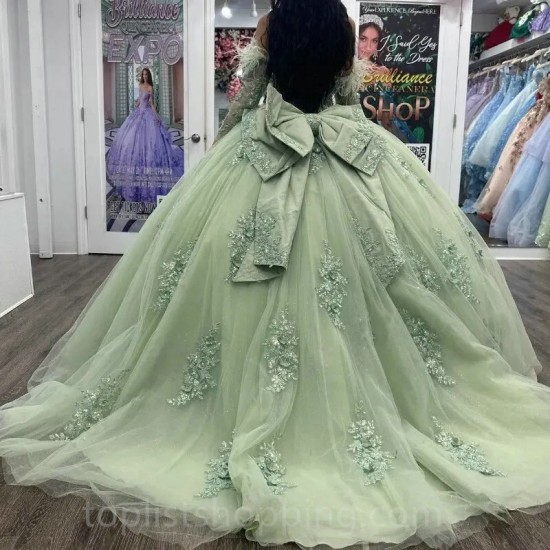 Sage Green Quinceanera Dresses For Sweet 16 Girls Feather Sweetheart Princess Ball Gowns Tull 15 Vestidos