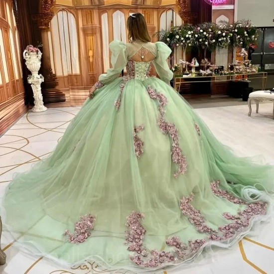 Puff Sleeve Sage Green Quinceanera Dresses Glittering Floral Beading Lace Formal Party Prom Ball Gown