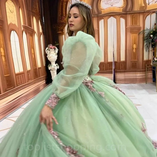 Puff Sleeve Sage Green Quinceanera Dresses Glittering Floral Beading Lace Formal Party Prom Ball Gown