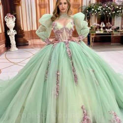 Puff Sleeve Sage Green Quinceanera Dresses Glittering Floral Beading Lace Formal Party Prom Ball Gown