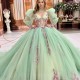 Puff Sleeve Sage Green Quinceanera Dresses Glittering Floral Beading Lace Formal Party Prom Ball Gown