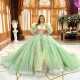 Puff Sleeve Sage Green Quinceanera Dresses Glittering Floral Beading Lace Formal Party Prom Ball Gown