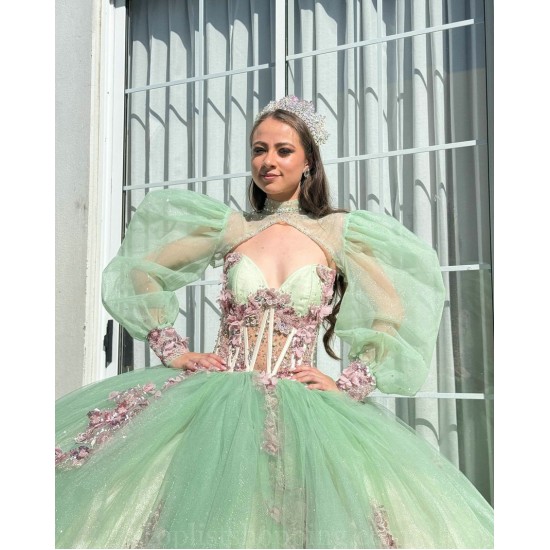 Sage Green Quinceanera Dresses Jacket V Neck 2024 Ball Gown Princess Dress Lace Appliques Vestidos De 15 Anos