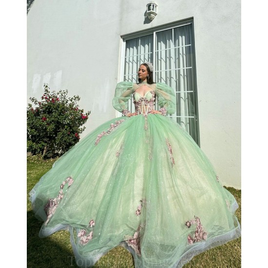 Sage Green Quinceanera Dresses Jacket V Neck 2024 Ball Gown Princess Dress Lace Appliques Vestidos De 15 Anos