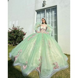 Sage Green Quinceanera Dresses Jacket V Neck 2024 Ball Gown Princess Dress Lace Appliques Vestidos De 15 Anos