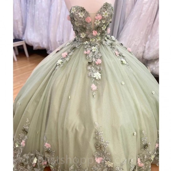 Sage Green Shiny Ball Gown Quinceanera Dresses Beads Sweetheart 3D Floral Beads Brithday Dance Party Vestidos De Quinceañera